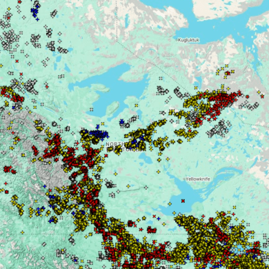 A detail from an NWT Fire map shows lightning strikes across the territory on June 26 and June 27, 2025.